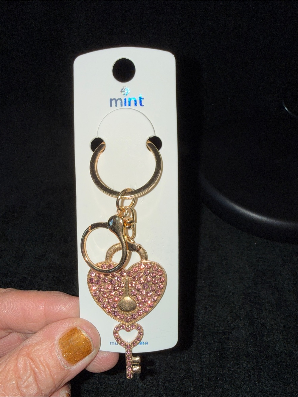 Mint Gold-Tone Pink Crystal Heart & Key Charm Keyring